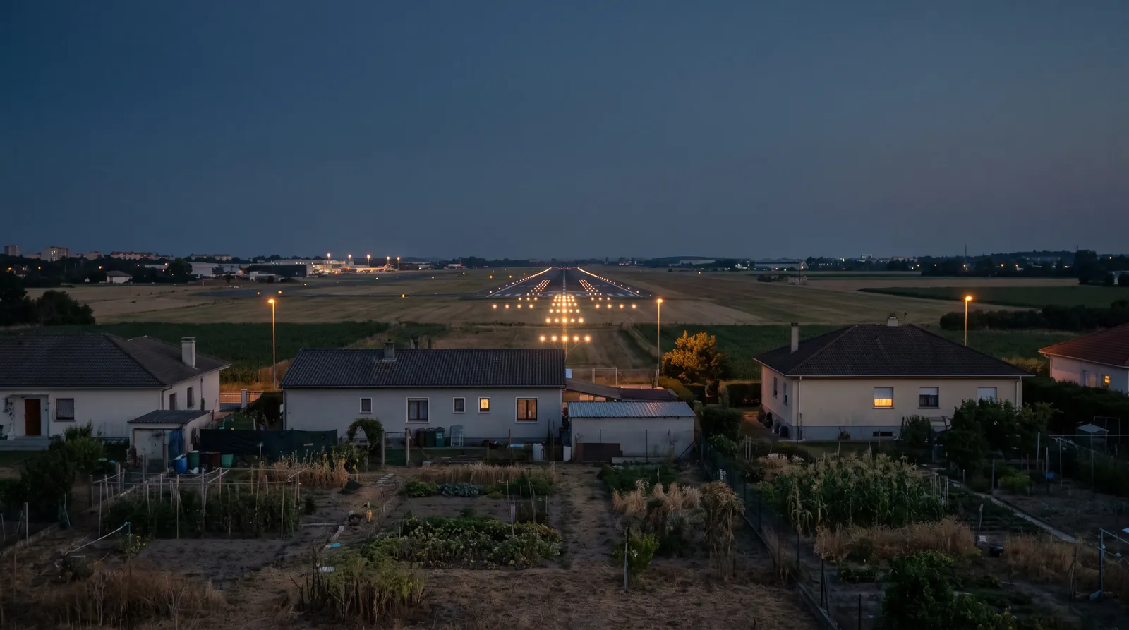 Casas bajas y huertos en primer plano con las luces de aproximación de un aeropuerto encendidas a lo lejos.