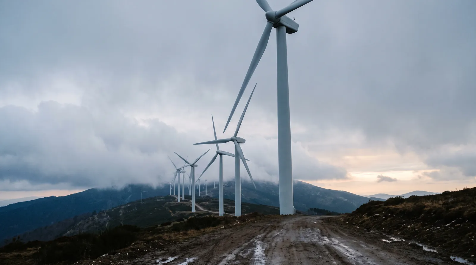 Aerogeneradores alineados en la cresta de una sierra con nubes bajas, vistos desde un camino de tierra.