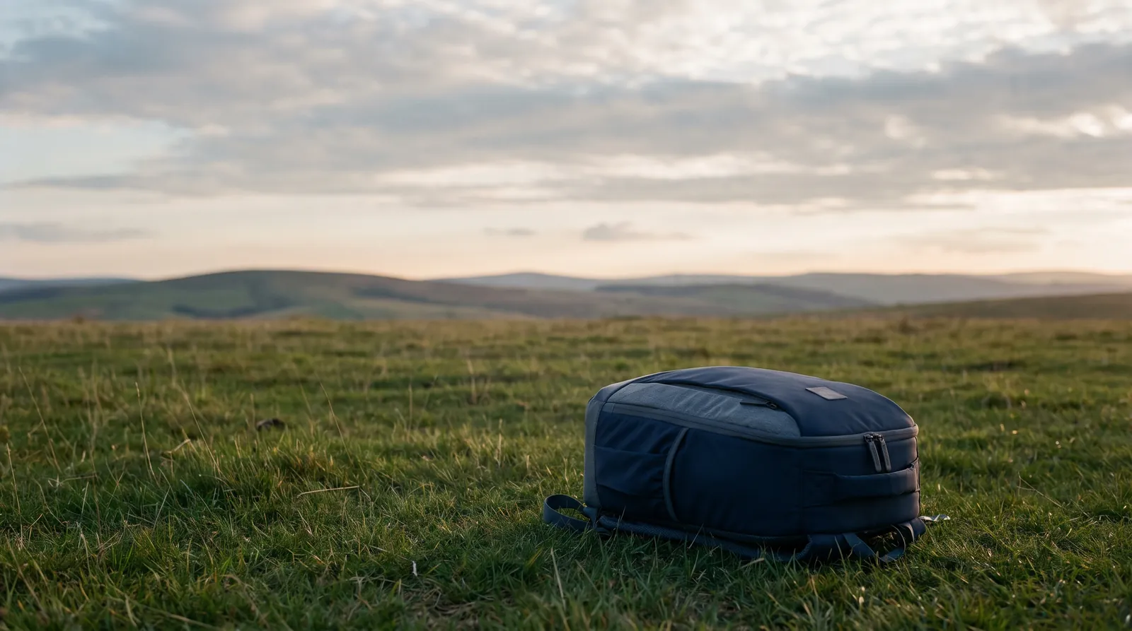 Mochila de transporte de dron apoyada sobre la hierba de una pradera, con colinas suaves al fondo al final de la tarde.