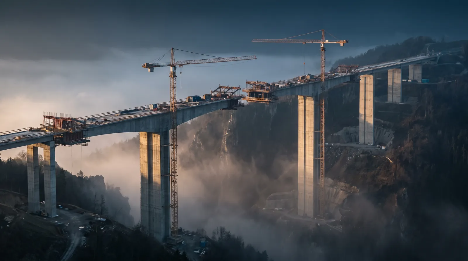 Viaducto de hormigón en construcción sobre un barranco, con pilas altas y grúas detenidas, a primera hora de la mañana.