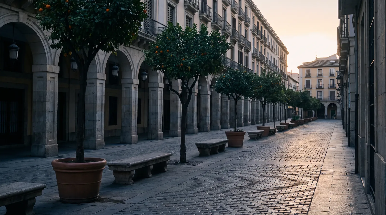 Calle peatonal vacía con soportales, bancos de piedra y naranjos en maceteros, al amanecer.