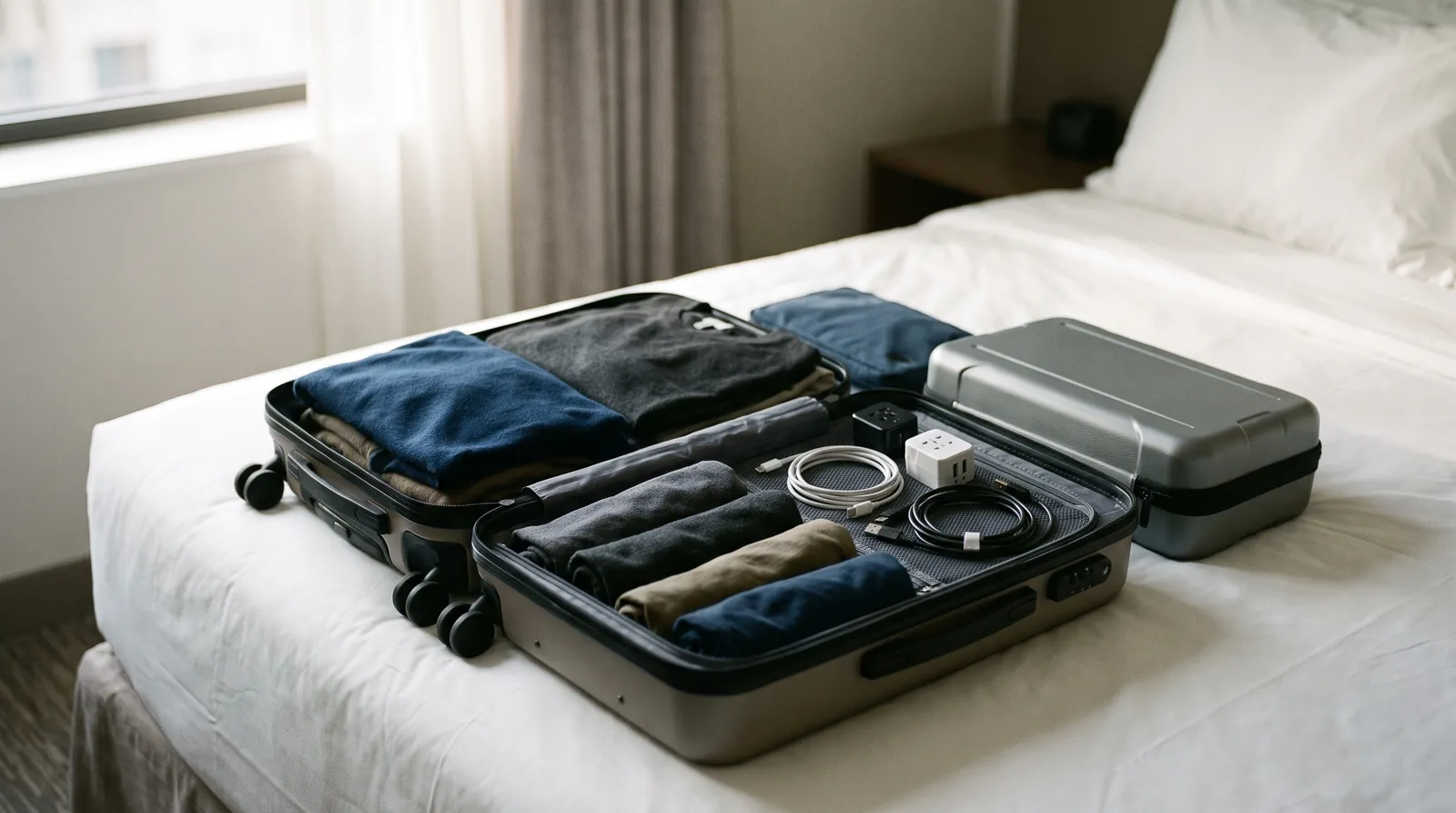 Maleta abierta sobre una cama con ropa doblada, cables de carga, adaptadores de enchufe y una funda de transporte cerrada.