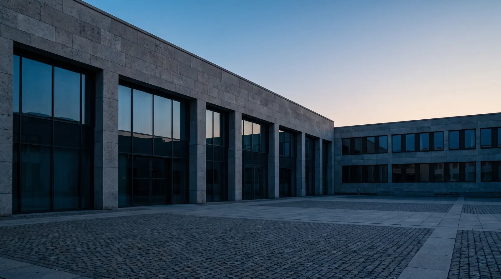 Fachada de piedra de un edificio administrativo frente a una plaza vacía al amanecer.