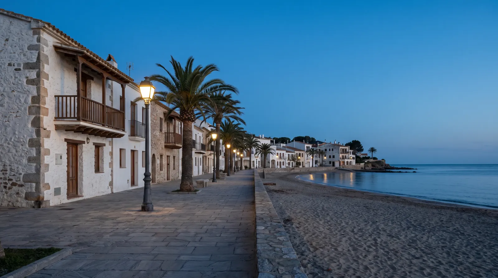 Paseo marítimo de un pueblo mediterráneo en la hora azul, con casas encaladas, palmeras, farolas encendidas y la playa vacía.