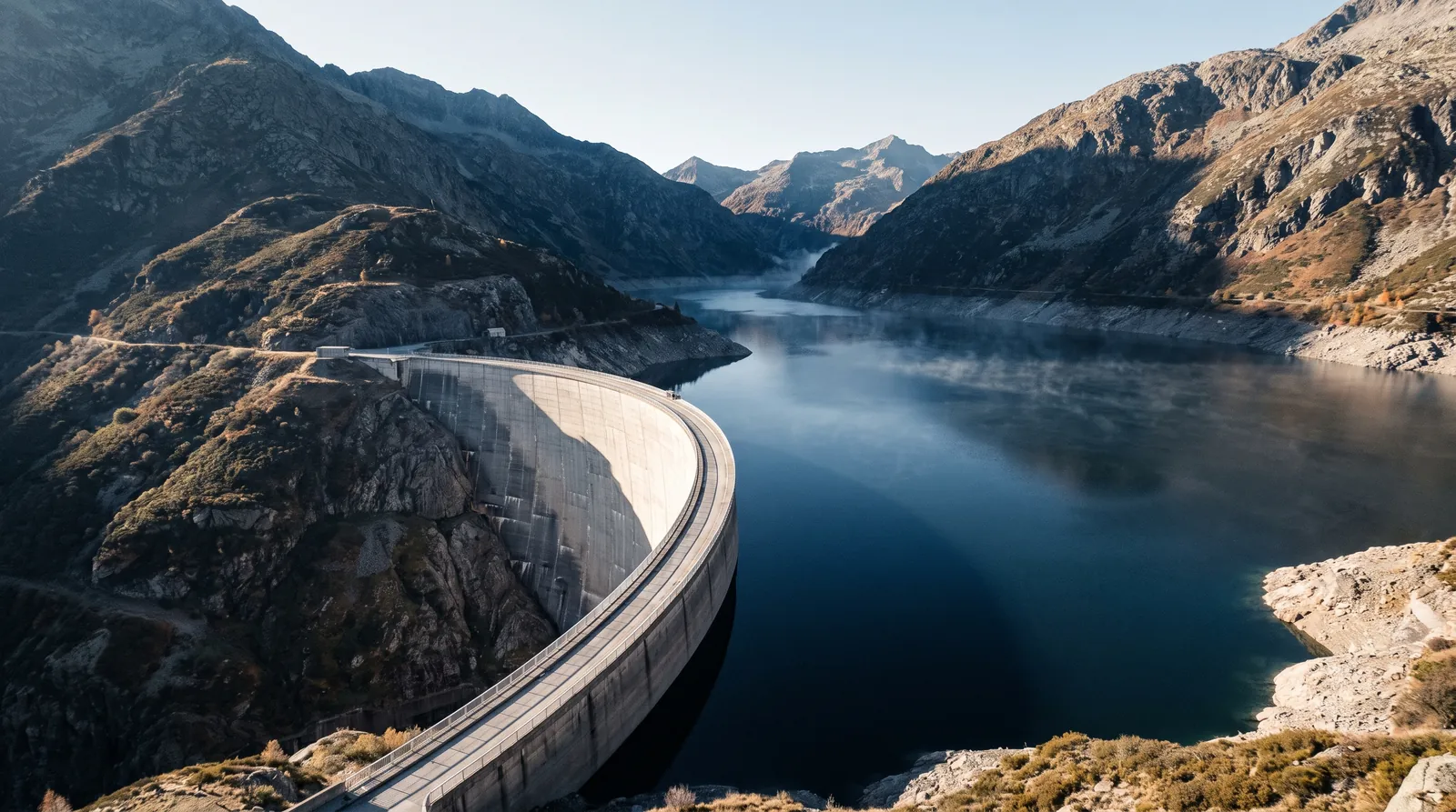 Presa de hormigón de un gran embalse entre montañas, vista desde un mirador a media mañana.